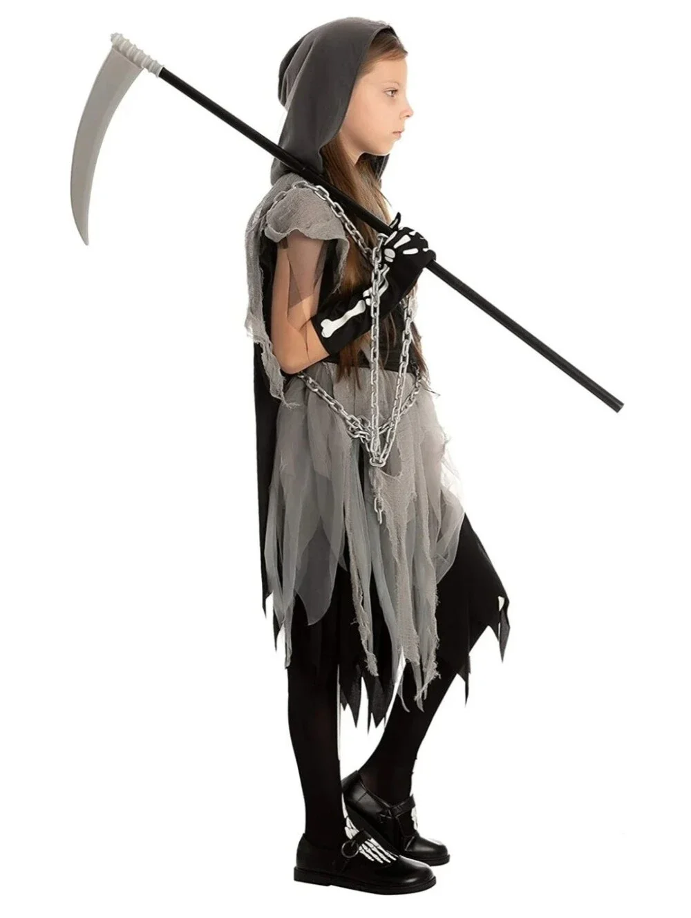 Girls Reaper Costume Rip Chains Hood Gloves Tights Glow In dark Skeleton, 8-10